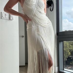 Herve Leger White Asymmetrical Fringe Dress